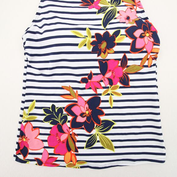 Lands End Tankini Top White Navy Striped Floral Print Round Neck Sleeveless 6 - Picture 3 of 9